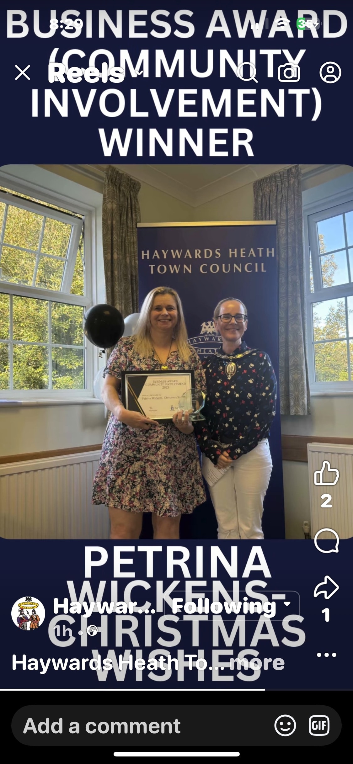 Petrina Wickens accepting the Business Award for Community Involvement at Haywards Heath Town Council